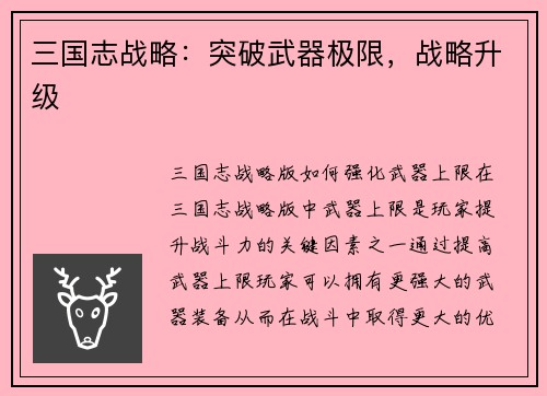 三国志战略：突破武器极限，战略升级